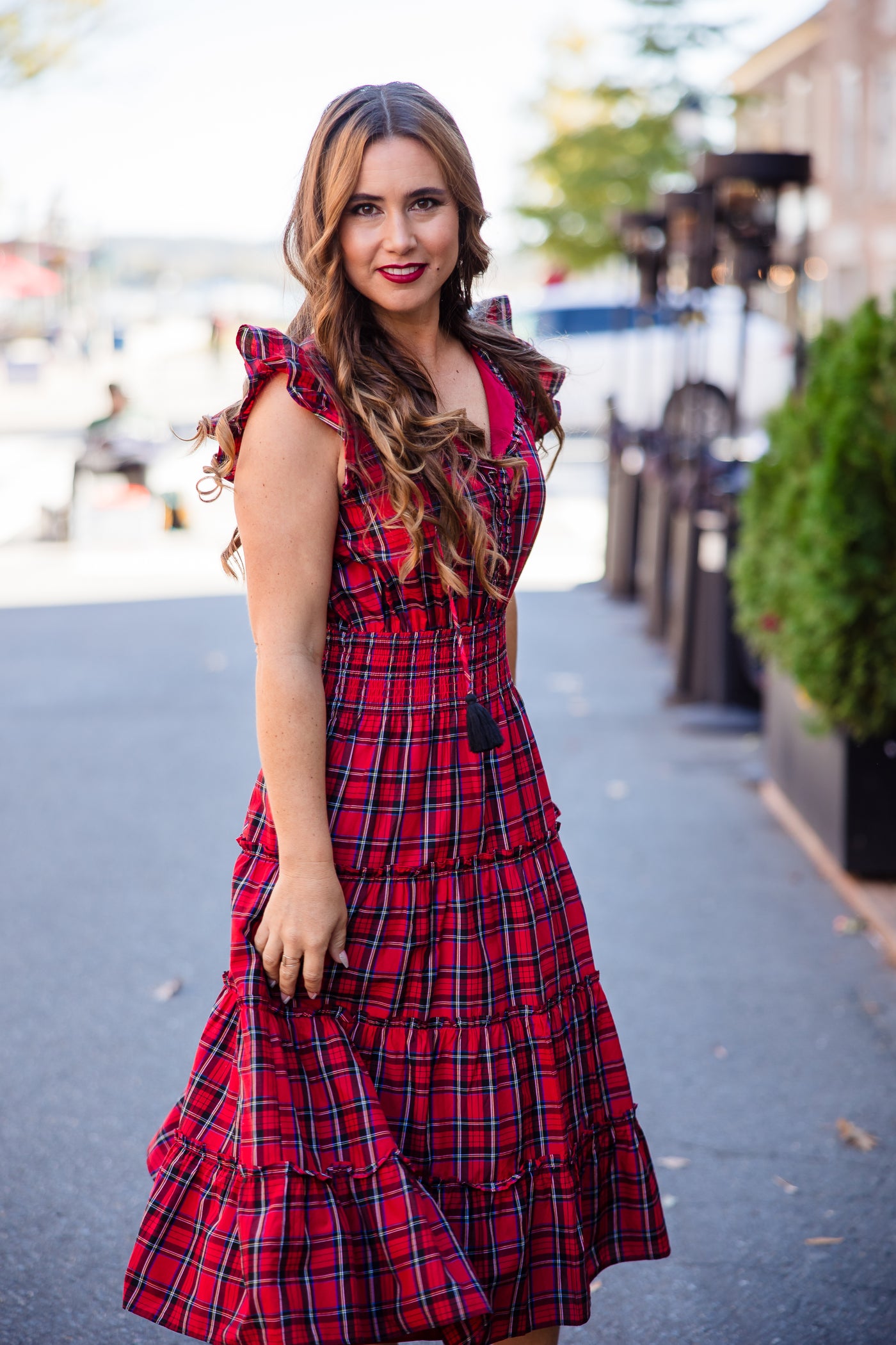 Sail to Sable Flutter Sleeve Midi Dress in Red Tartan THE LUCKY KNOT Sail to Sable Flutter Sleeve Midi Dress in Red Tartan THE LUCKY KNOT