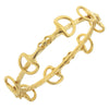 Gold bracelet with intricate design on a white background