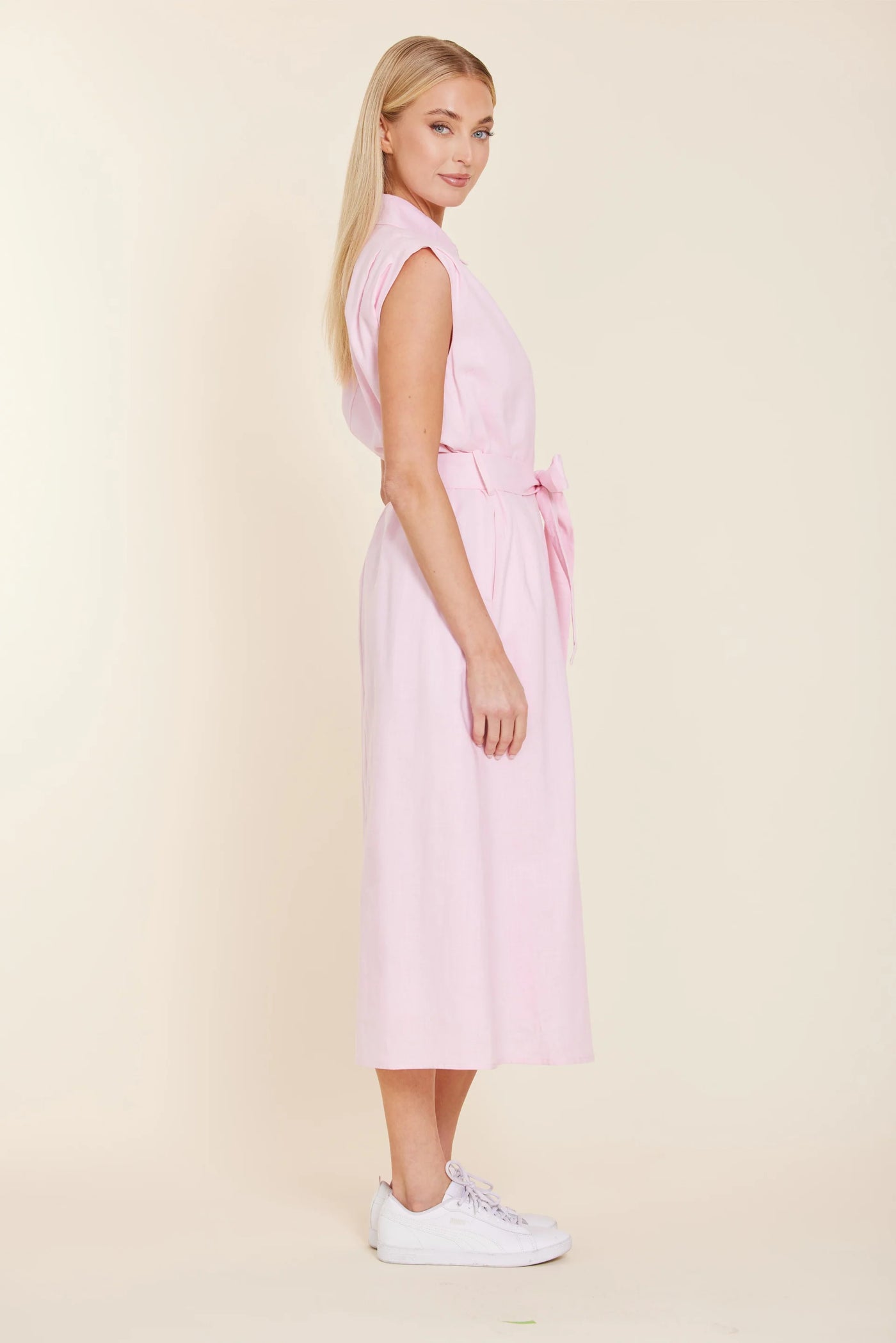 pink belted midi dress Lapointe Rouge Satin Sleeveless Belted Midi Dress
