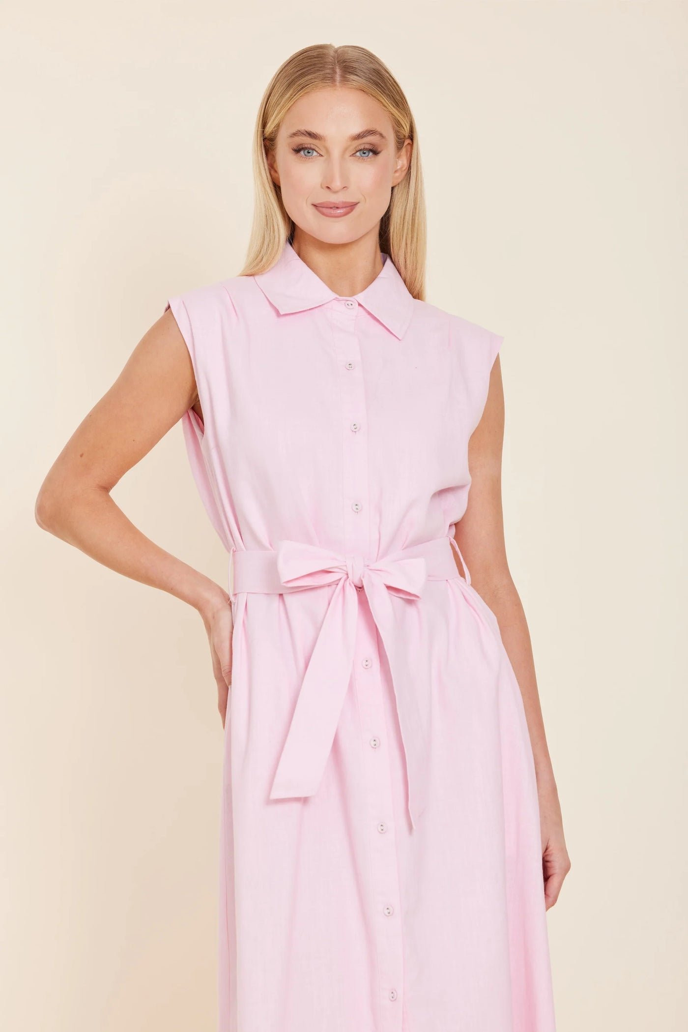 pink belted midi dress Luxe Blooming Elegance Belted Midi Dress