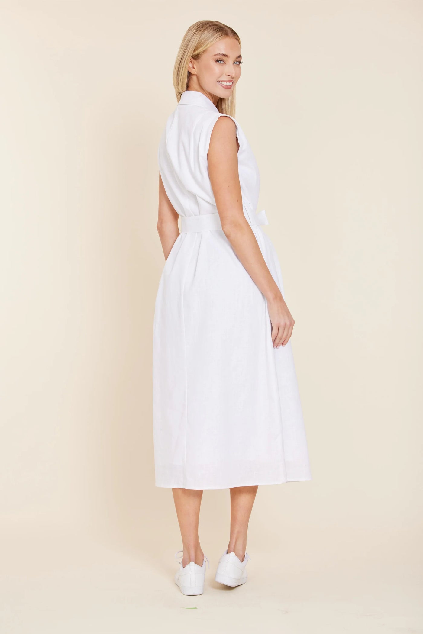 Dolce Cabo Ava Linen Belted Midi Dress - White THE LUCKY KNOT Dolce Cabo Ava Linen Belted Midi Dress - White THE LUCKY KNOT