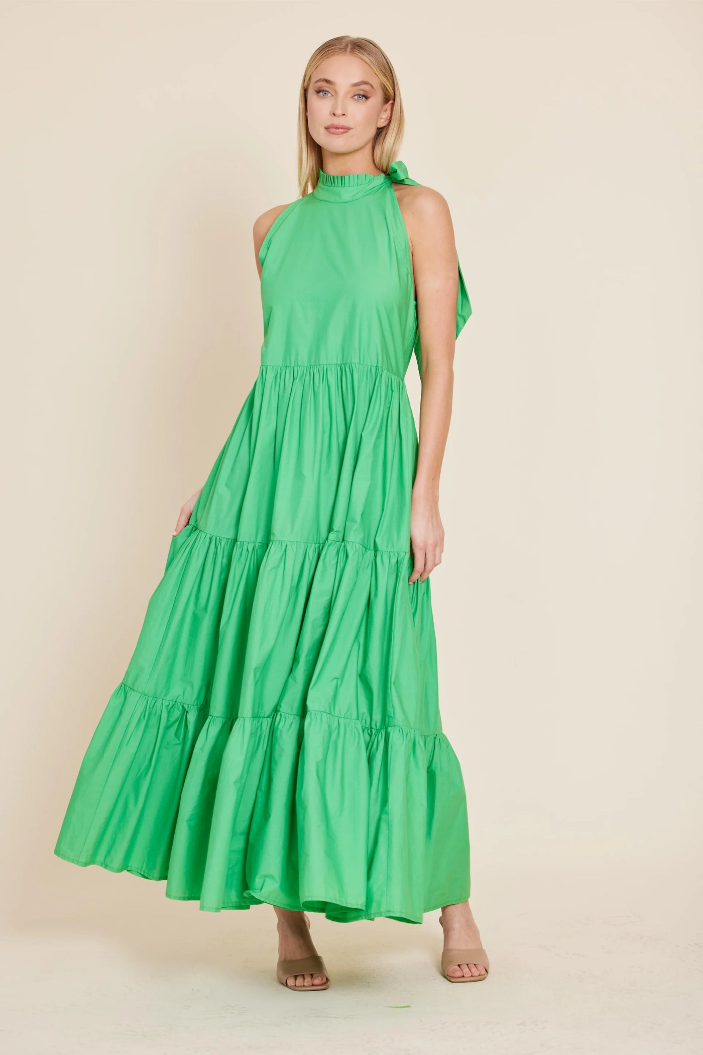 Dolce Cabo Poplin Tie Neck Tiered Maxi Dress - Green THE LUCKY KNOT Dolce Cabo Poplin Tie Neck Tiered Maxi Dress - Green THE LUCKY KNOT