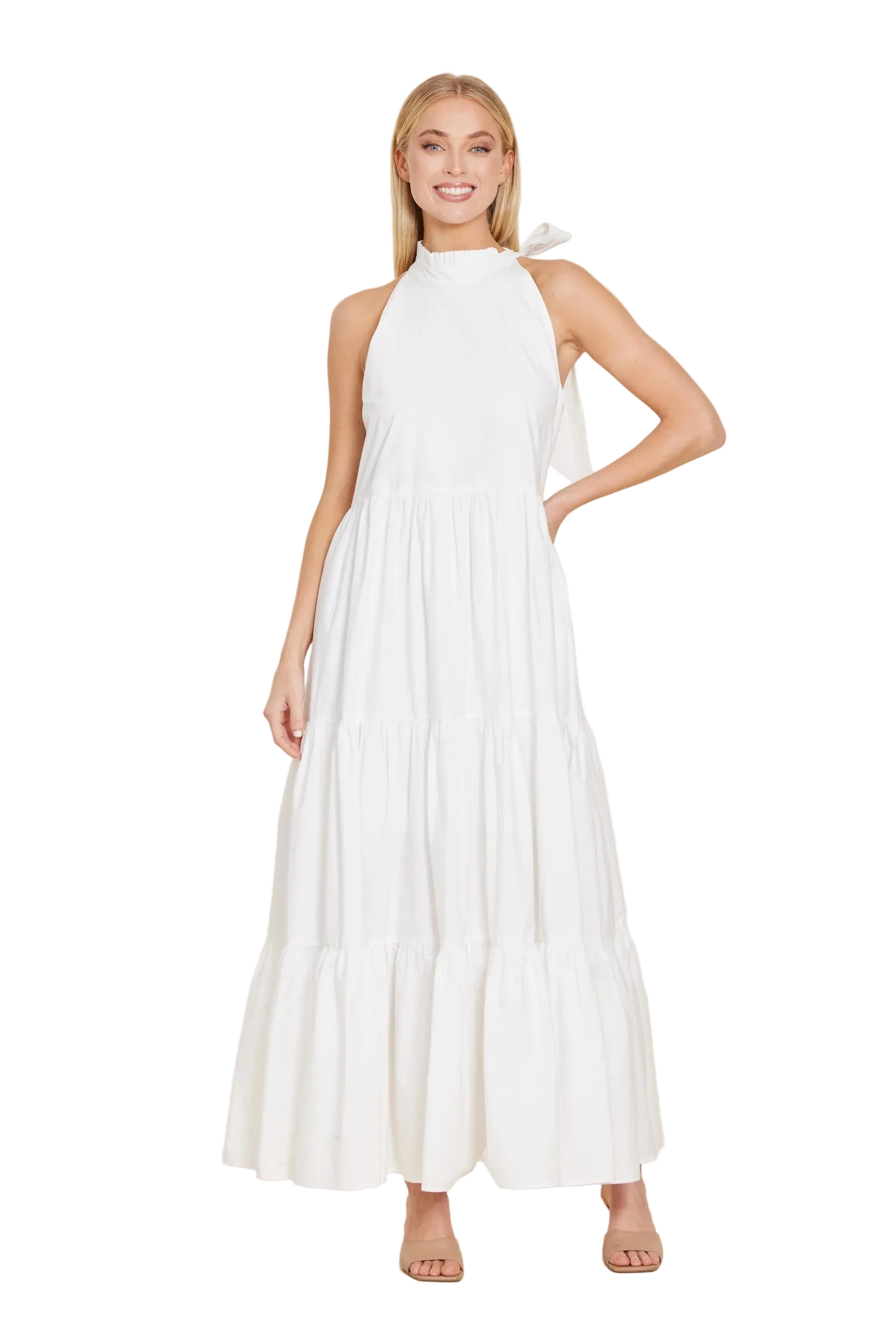 Dolce Cabo Poplin Tie Neck Tiered Maxi Dress - White THE LUCKY KNOT Dolce Cabo Poplin Tie Neck Tiered Maxi Dress - White THE LUCKY KNOT