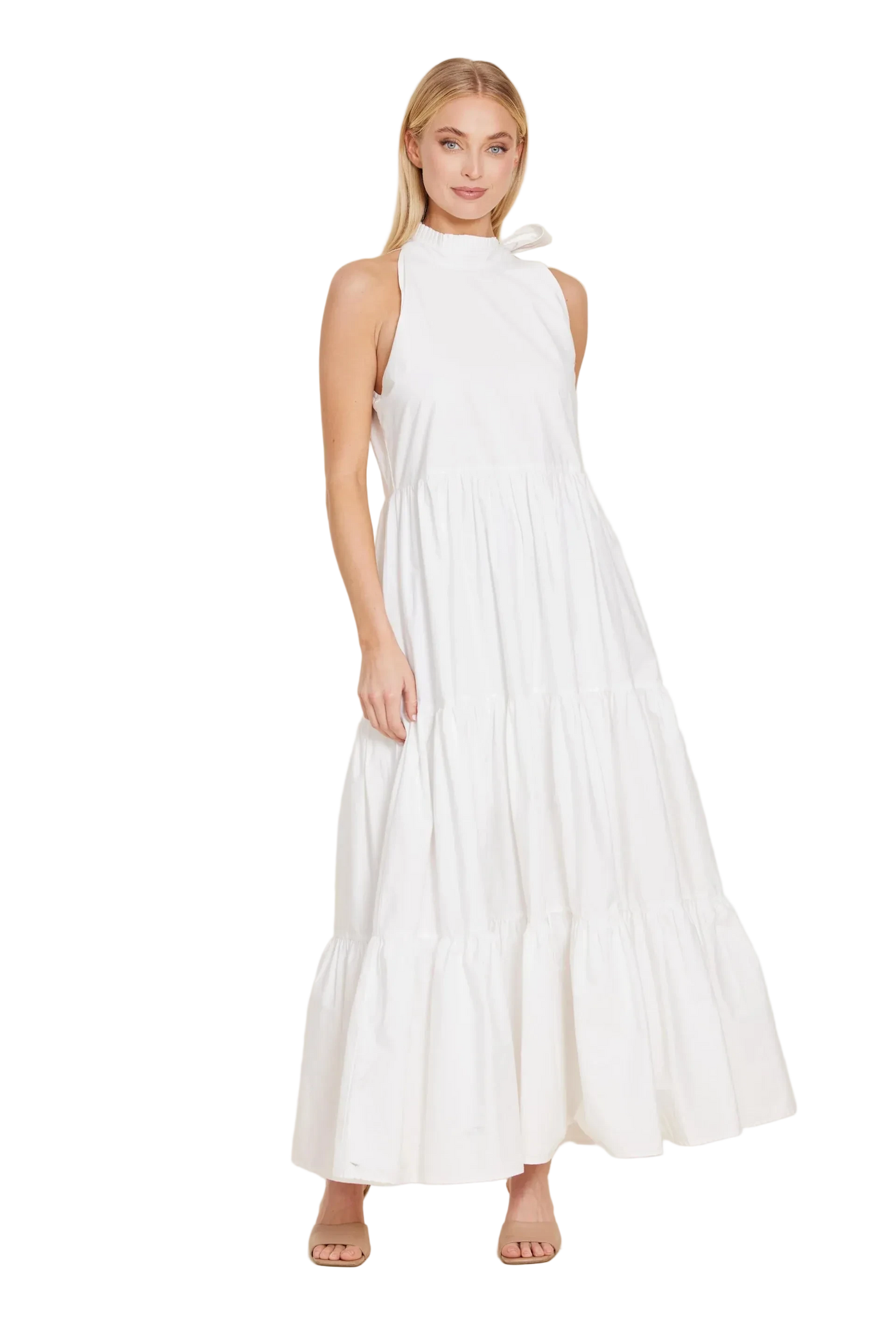 Poplin Tie Neck Tiered Maxi Dress White / M Poplin Tie Neck Tiered Maxi Dress White / M