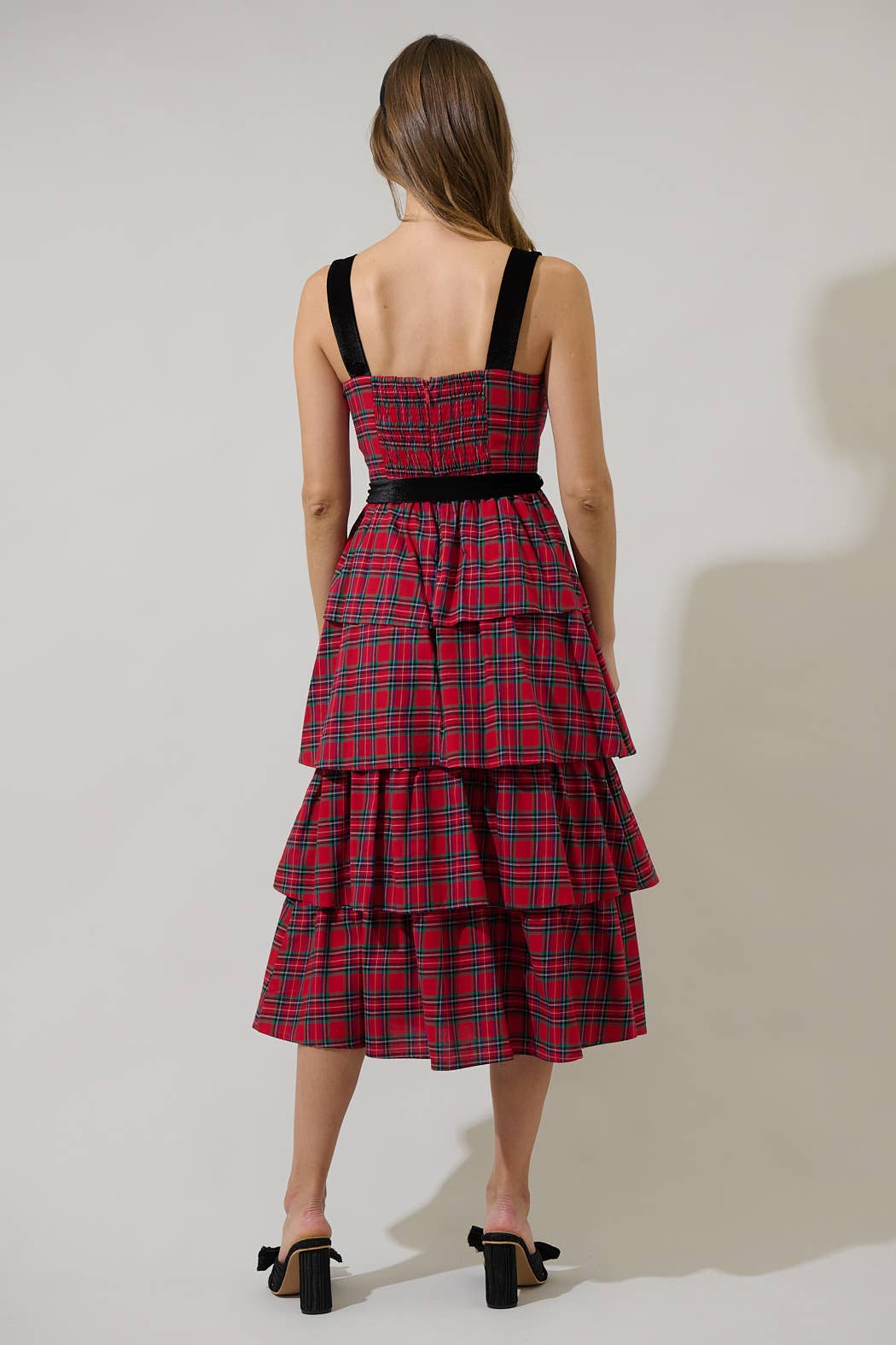 red plaid maxi dress Deliane Ruffle VICI Katie Plaid Chiffon Lace Trim