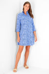 Full body view of the Duffield Lane Oaklee Dress - Blue Bouquet. Shift dress with 3/4 sleeves and a blue floral print 