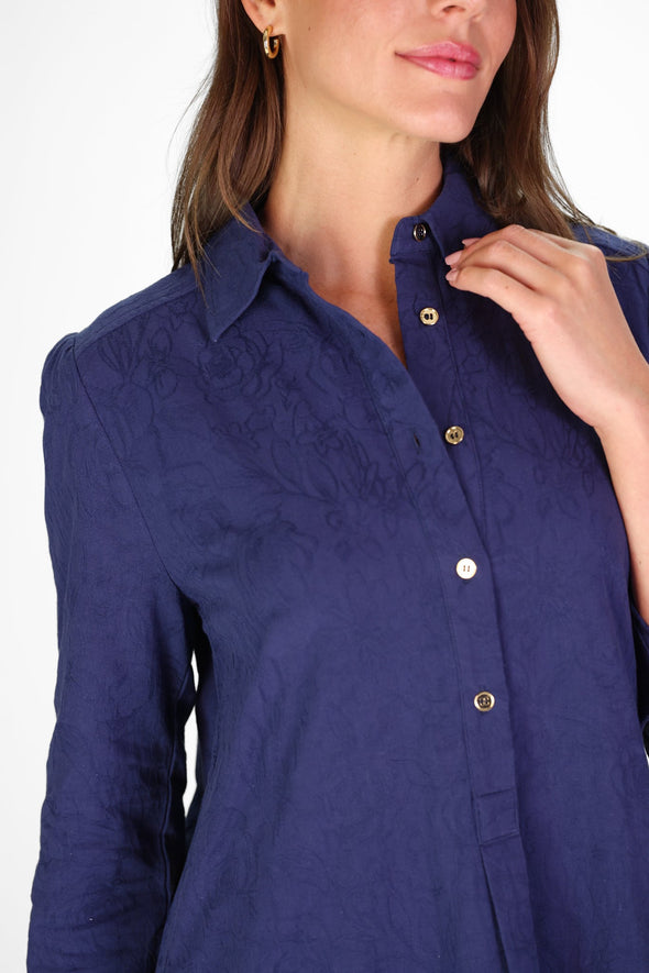 Duffield Lane Iris Drop Waist Shirt Dress - Navy Textured Floral