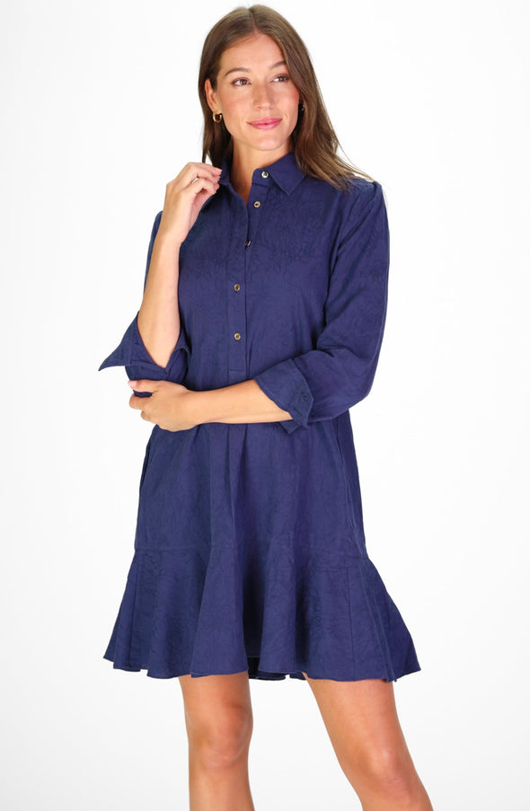 Duffield Lane Iris Drop Waist Shirt Dress - Navy Textured Floral
