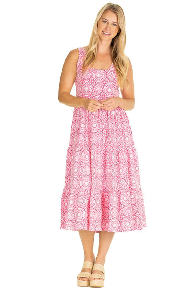Full body front view of the Duffield Lane Bess Midi Dress - Raspberry Medallion