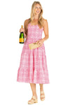Playful model in Duffield Lane Bess Midi Dress - Raspberry Medallion