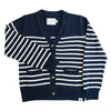 Navy and white striped cardigan with tortoise buttons on a white background