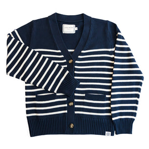 Navy and white striped cardigan with tortoise buttons on a white background