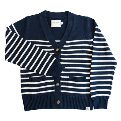 Navy and white striped cardigan with tortoise buttons on a white background