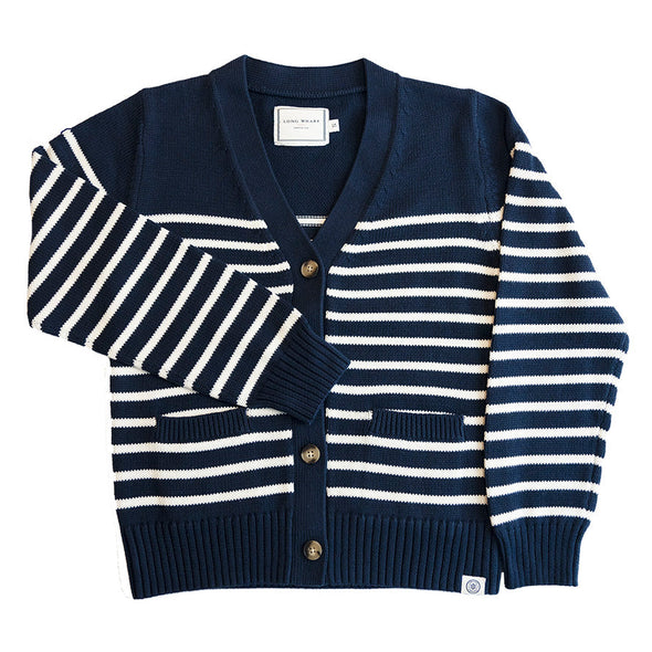 Navy and white striped cardigan with tortoise buttons on a white background
