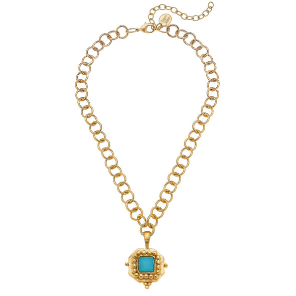 Flat view of the Susan Shaw Square Teal French Glass Necklace