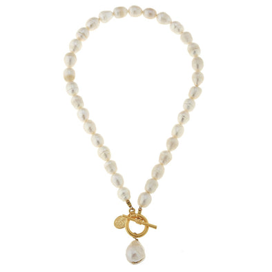 Flat view of the Susan Shaw Large Genuine Freshwater Pearl Front Toggle Necklace