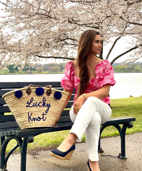 Lucky Knot Pom Pom Straw Bag - Navy