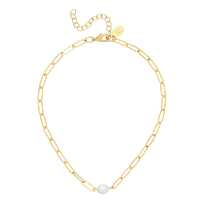 Gold paperclip necklace with a pearl in the middle of the chain