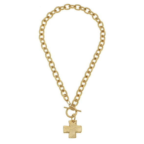Flat view of the Susan Shaw Gold Cross Front Toggle Necklace