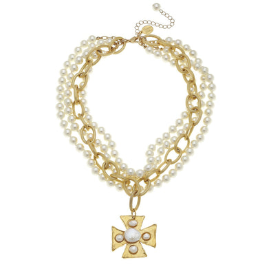 Flat view of the Susan Shaw Cotton Cross Multi-Strand Pearl Necklace