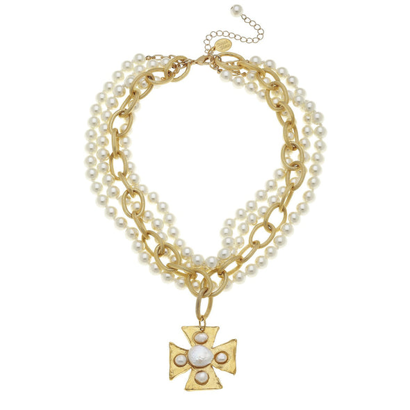 Flat view of the Susan Shaw Cotton Cross Multi-Strand Pearl Necklace