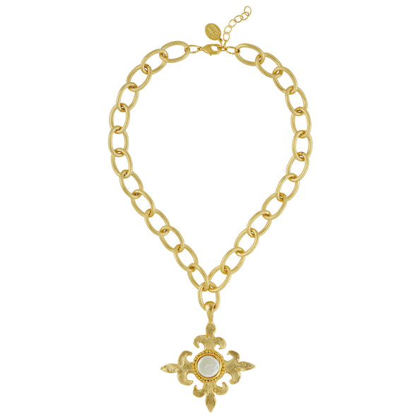 Gold necklace with wide loop chain and fleur de lis with pearl pendant 