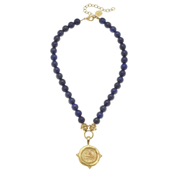 Flat view of the Susan Shaw Equestrian Intaglio Stone Necklace - Blue Lapis