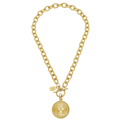Flat view of the Susan Shaw Queen Coin Toggle Necklace
