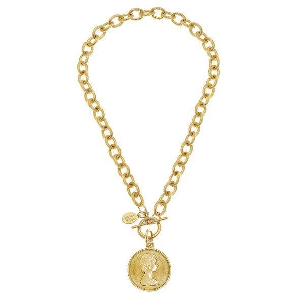 Flat view of the Susan Shaw Queen Coin Toggle Necklace