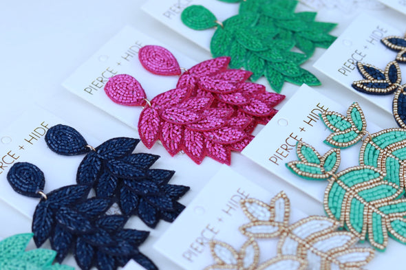 Beaded Tiered Leaf Earring - Navy