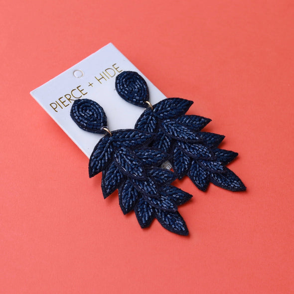 Beaded Tiered Leaf Earring - Navy