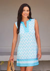 Front view of the model in the Cabana Life Amalfi Coast Sleeveless Tunic Dress