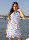 Front view of outdoor model in the Cabana Life Nautical Sailboat Sleeveless Dress