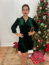 Model in the Jude Connally Henley Velvet Dress - Palace Green/Sparkle
