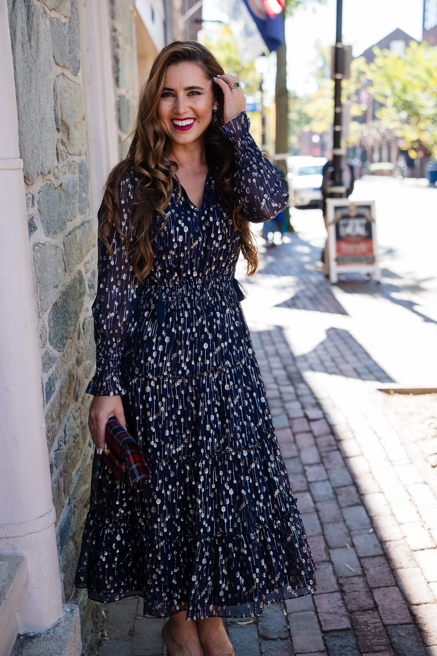 Sail to Sable Navy Lurex Smocked Waist Midi Dress Navy / XS / H24272N Sail to Sable Navy Lurex Smocked Waist Midi Dress Navy / XS / H24272N