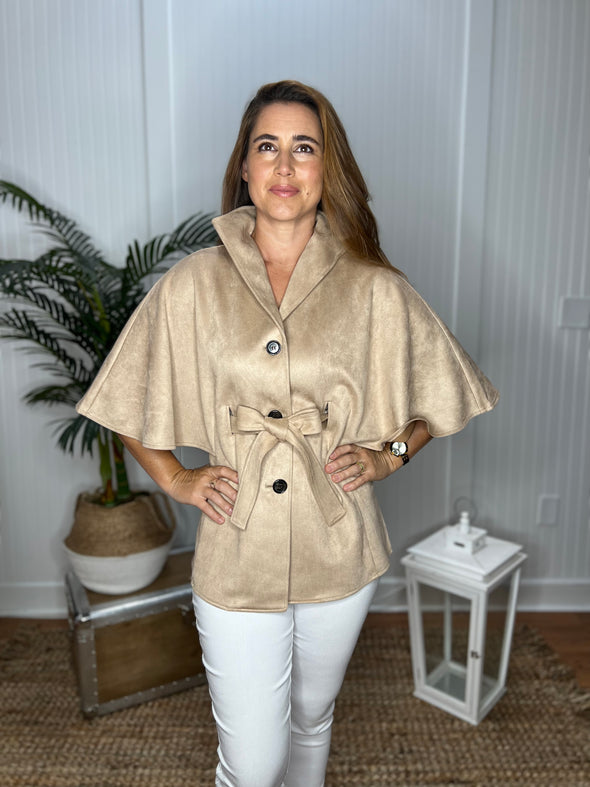 Model in the Boho Cape Jacket - Taupe