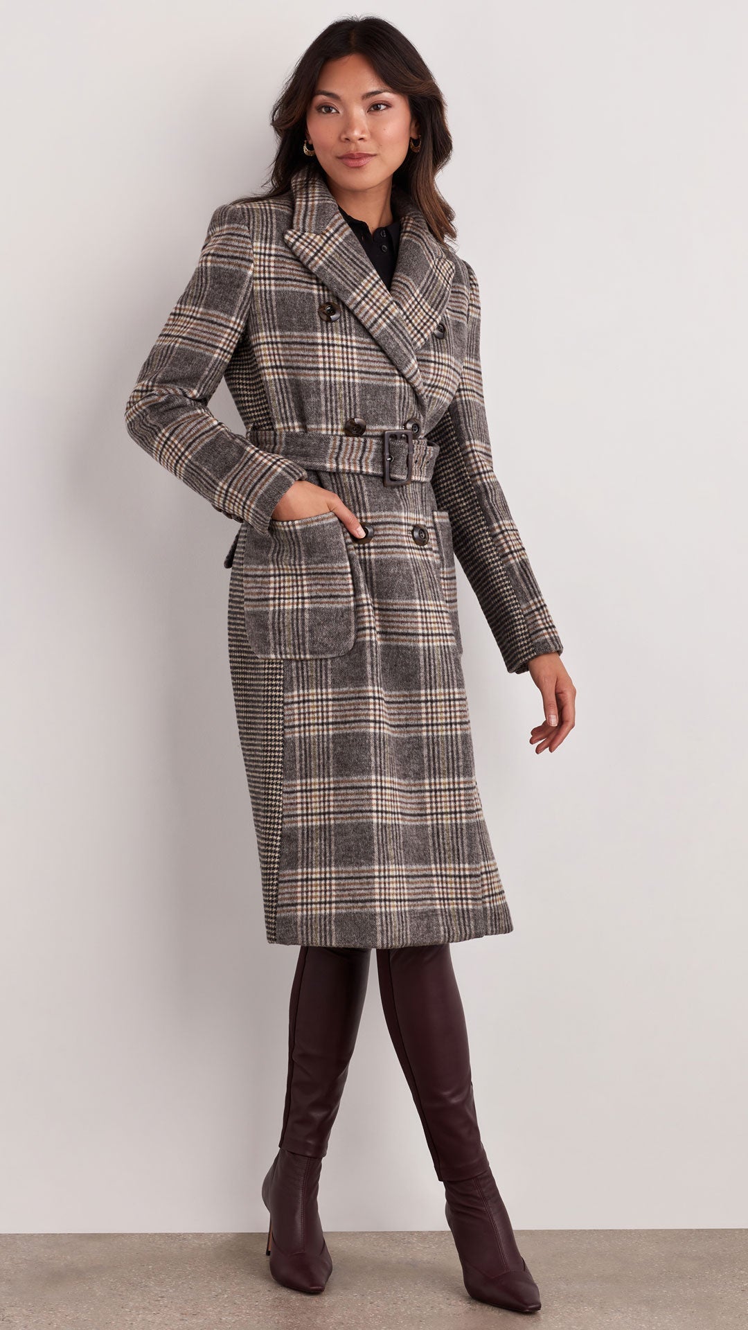 Ellen Tracy Mix Plaid Belted Wool Blend Coat - Brown - Medium