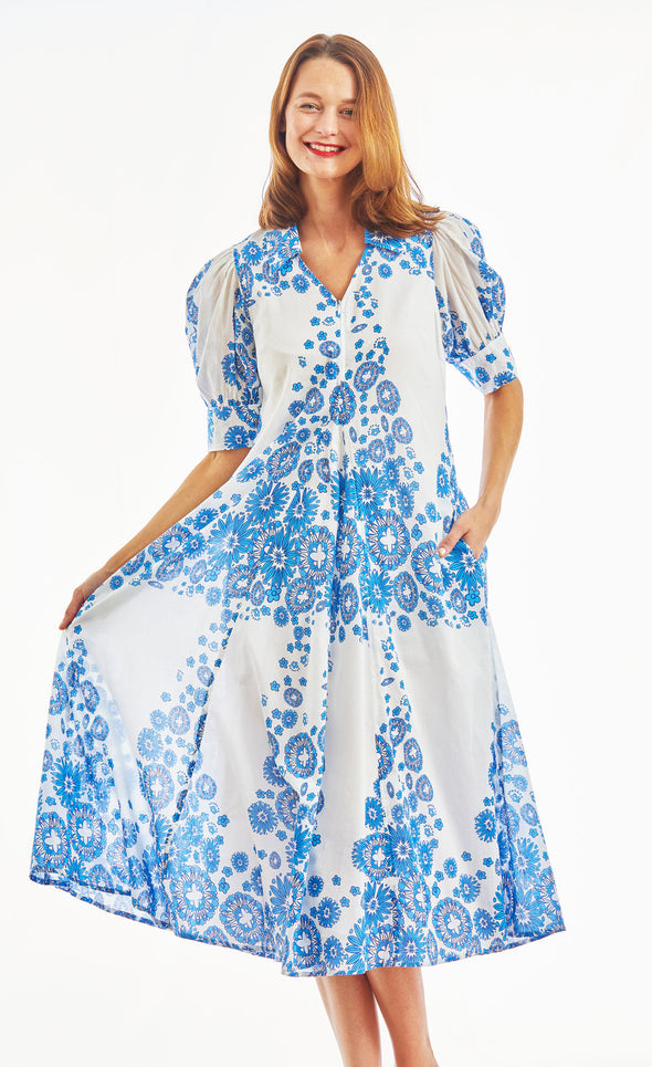 Dizzy Lizzie Montauk Falling Flower Midi Dress - Blue