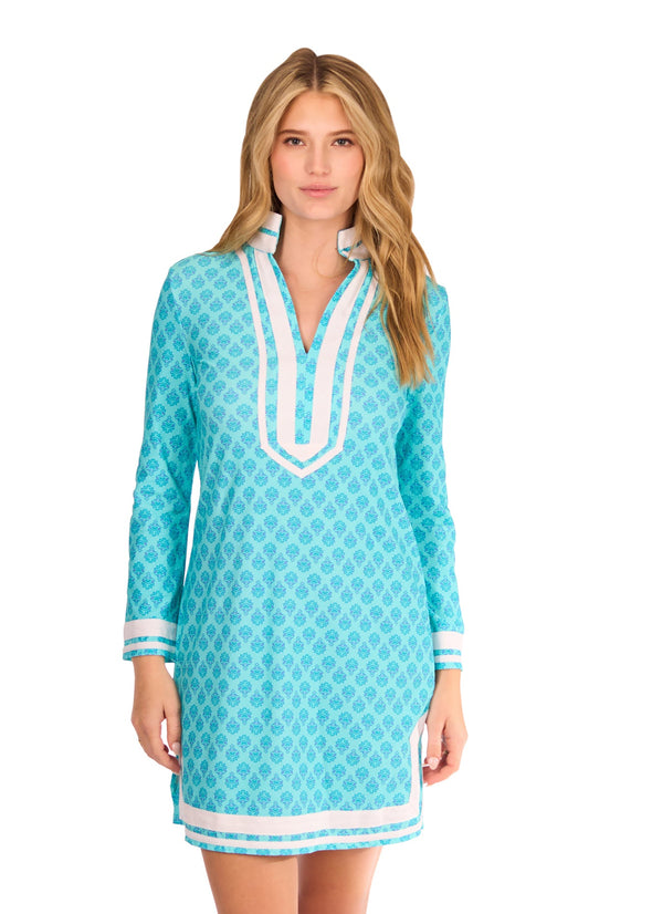 Front facing model in the Cabana Life Amalfi Coast Long Sleeve Tunic Dress