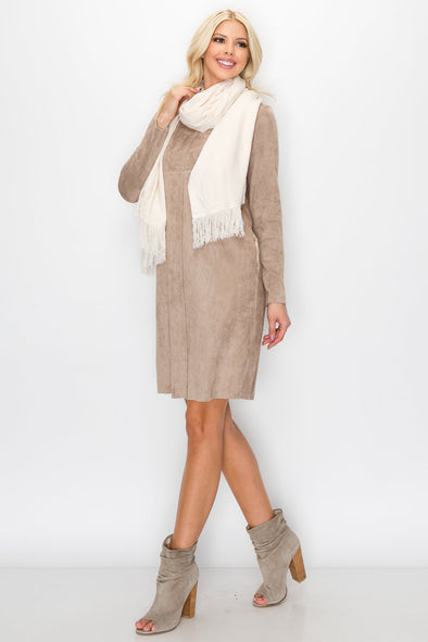 Front view of the Aurora Long Sleeve Suede Dress - Khaki