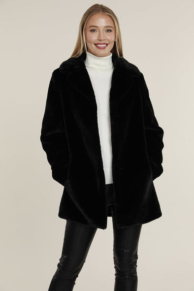 Model in a black faux fur coat