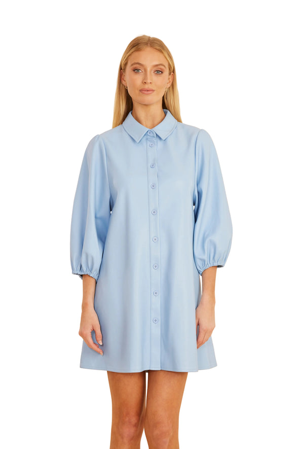 blue faux leather dress Perforated Vegan Puff Sleeve/ Tunic Bird / L Mini dress