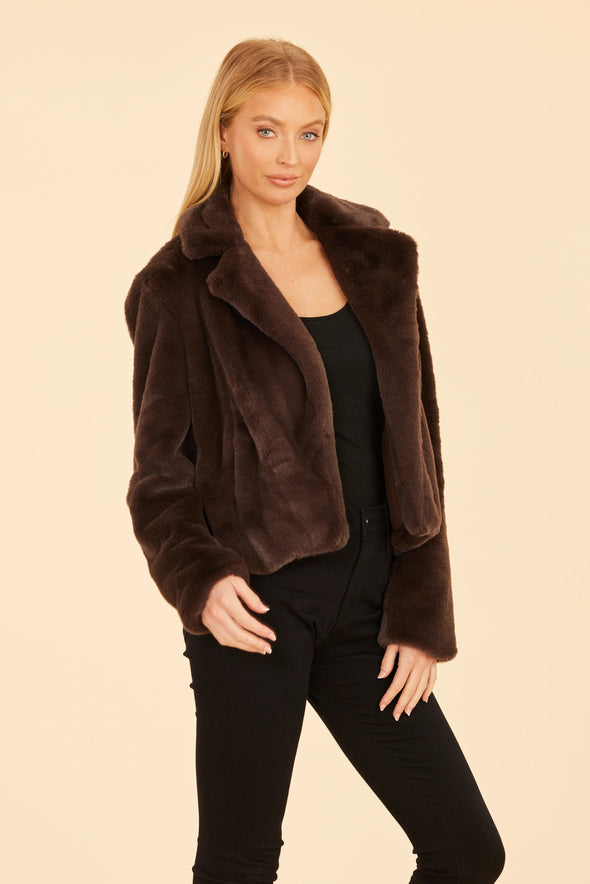Dolce Cabo Plush Faux Fur Notch Collar -  Dark Brown