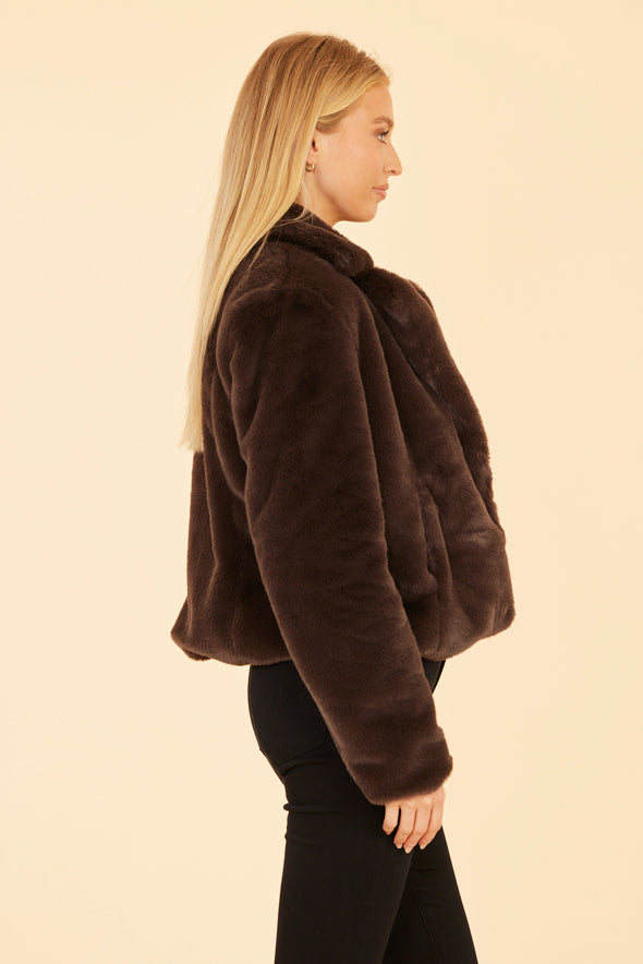 Dolce Cabo Plush Faux Fur Notch Collar -  Dark Brown