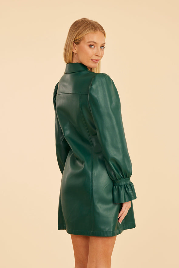 Dolce Cabo Ruffle Cuff Leather Dress - Forest Green