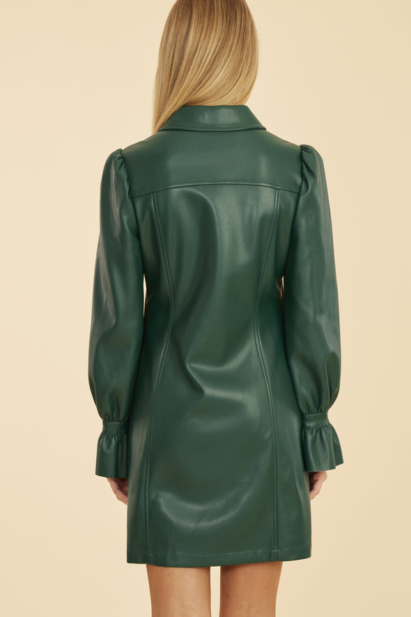 Dolce Cabo Ruffle Cuff Leather Dress - Forest Green