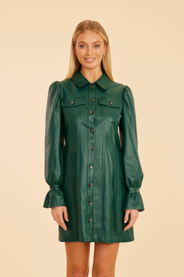 Dolce Cabo Ruffle Cuff Leather Dress - Forest Green