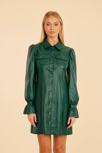 Dolce Cabo Ruffle Cuff Leather Dress - Forest Green