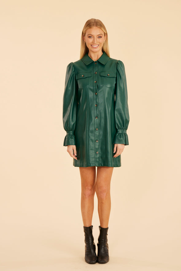 Dolce Cabo Ruffle Cuff Leather Dress - Forest Green