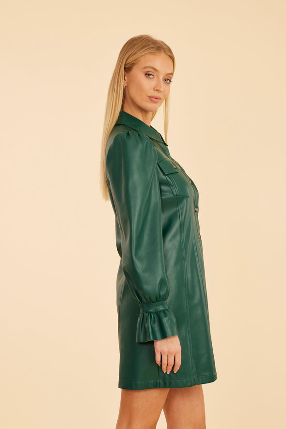Dolce Cabo Ruffle Cuff Leather Dress - Forest Green